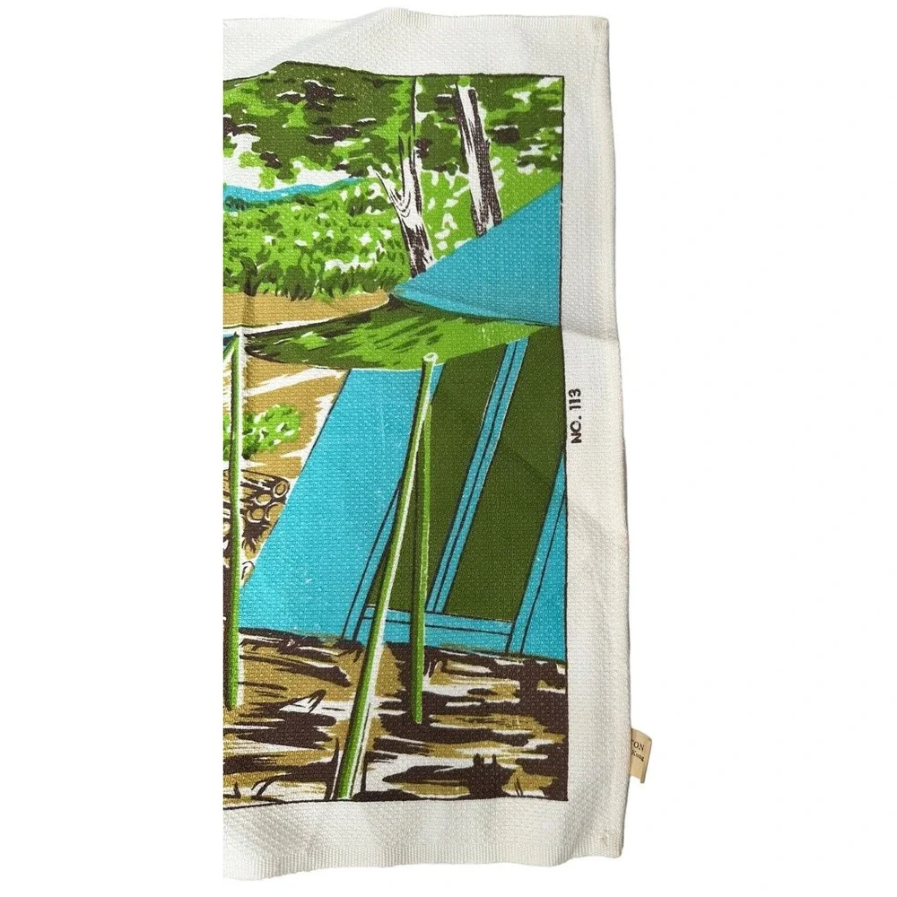 Vtg IDEAL‎ Dish Tea Towel Camping Fishing Swimming Motorcycle Oudoors Tapestry